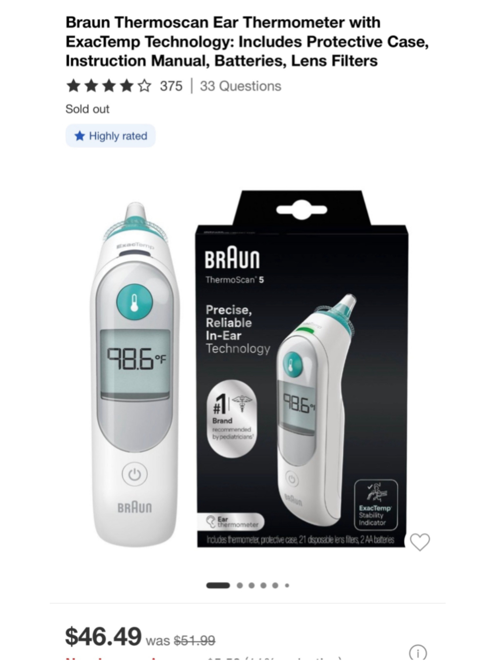 Braun ThermoScan 5 Ear Thermometer One Size White and Teal